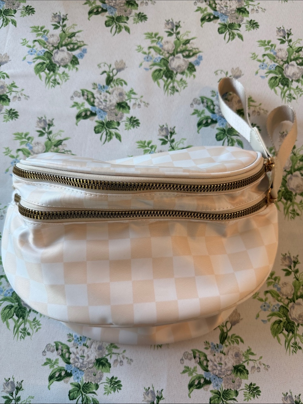 Cream Checkered Double-Zip Women’s Crossbody Bag with Wrist Strap